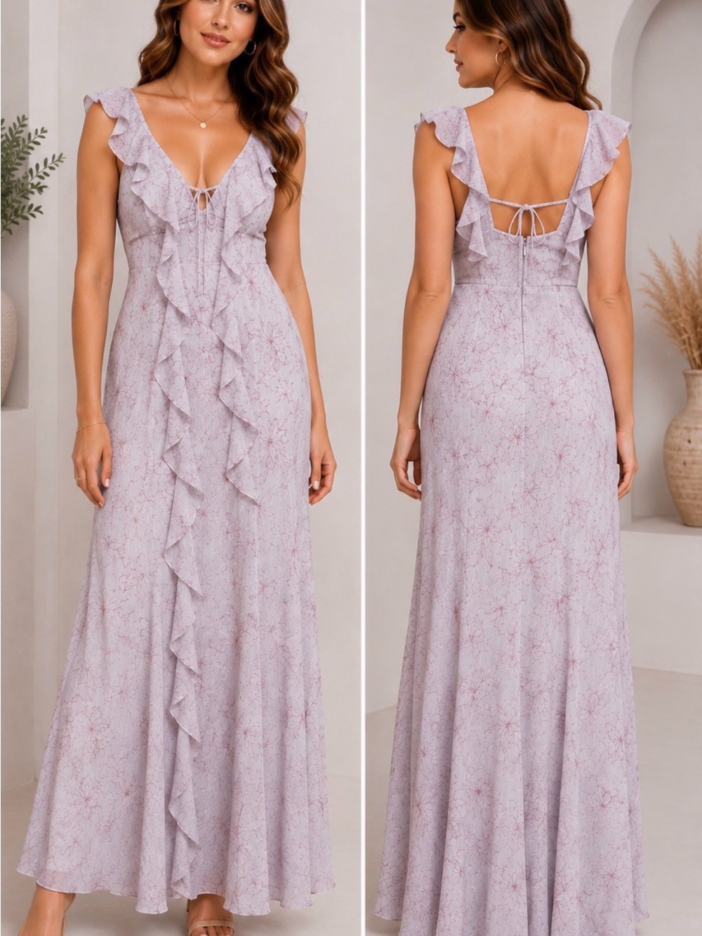 NWT Storia Mauve Floral Ruffle Maxi Dress Size M